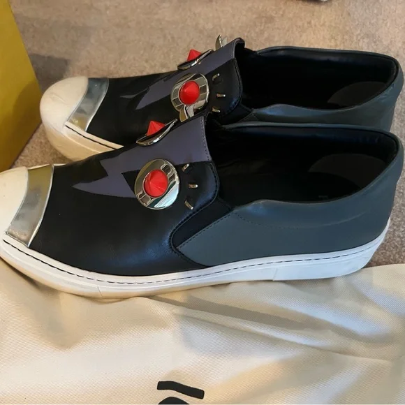 Fendi Faces Studded Leather Skate Sneakers Shoes EUC size 9/40 IN BOX Black